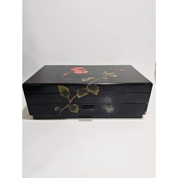 Vintage Bembo Okinawa Black Lacquer‎ Red Hibiscus Large Jewelry Box Post 1940's